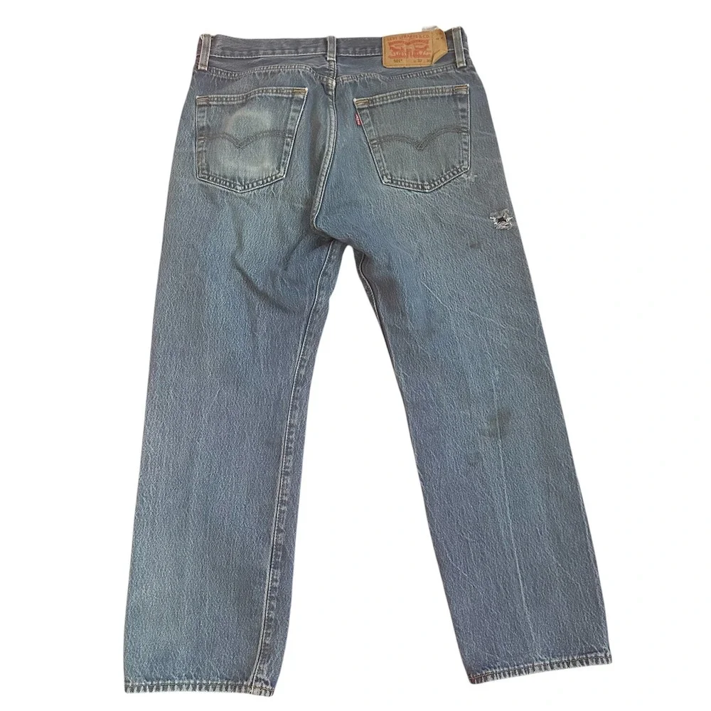 Levi's 501 Original Fit Mens 33x30 Blue Medium Wash Distressed Straight Jeans